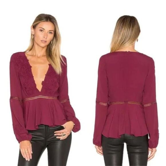 For Love & Lemons Deep V Long‎ Sleeve Blouse Top in Wine Size Large - Picture 1 of 9